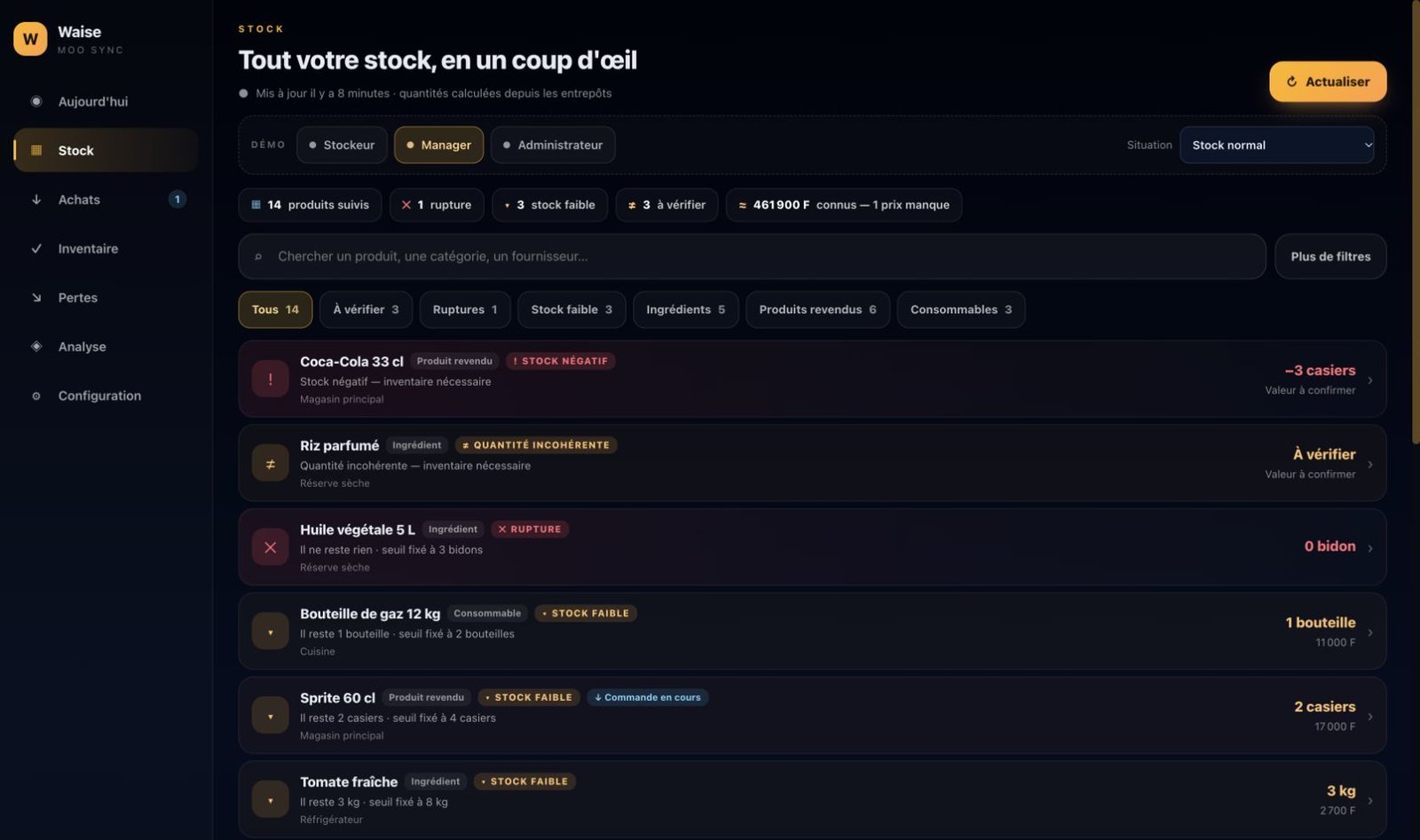 Écran Stock de Waise filtré sur les articles à vérifier